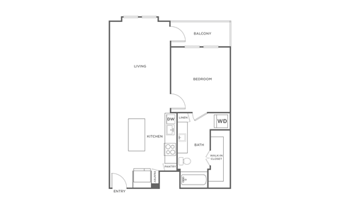 Floor plan for 1 bed, 1 bath, 739 sqft