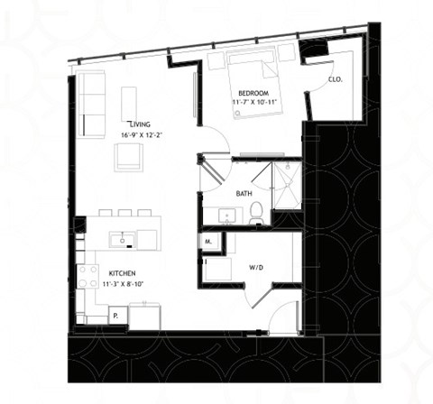 Floor plan for 1 bed, 1 bath, 791 sqft