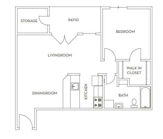 Floor plan for 1 bed, 1 bath, 679 sqft