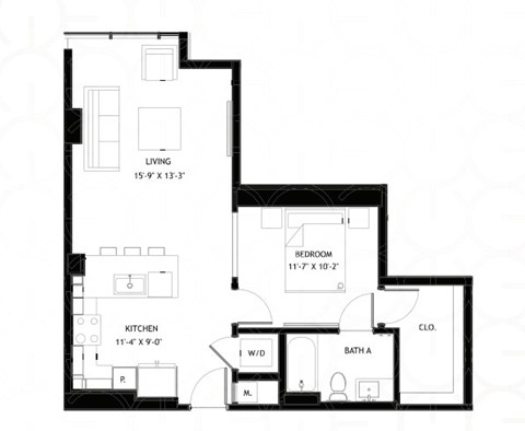 Floor plan for 1 bed, 1 bath, 721 sqft