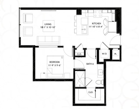 Floor plan for 1 bed, 1 bath, 673 sqft
