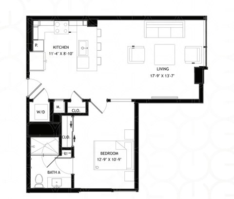 Floor plan for 1 bed, 1 bath, 730 sqft