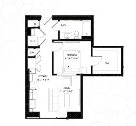 Floor plan for 1 bed, 1 bath, 650 sqft