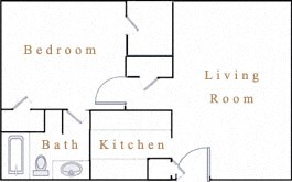 Floor plan for 1 bed, 1 bath, 600 sqft