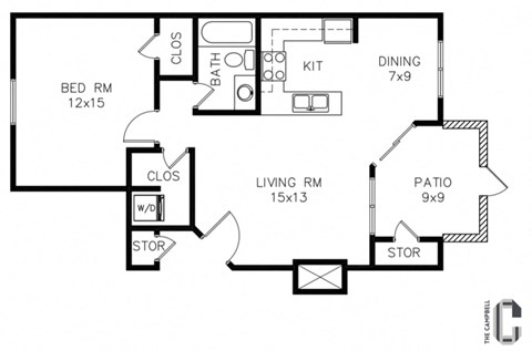 Floor plan for 1 bed, 1 bath, 711 sqft
