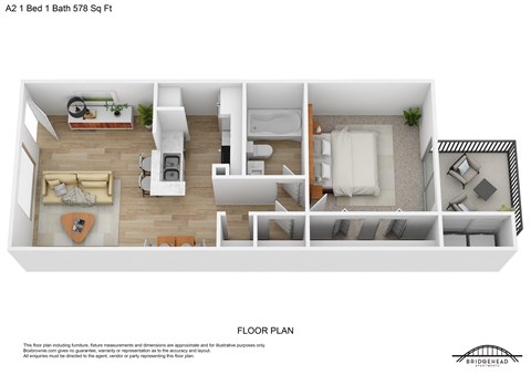 Floor plan for 1 bed, 1 bath, 578 sqft