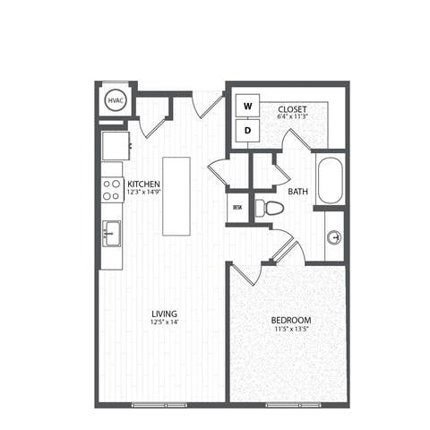 Floor plan for 1 bed, 1 bath, 807 sqft