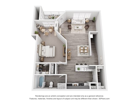 Floor plan for 1 bed, 1 bath, 843 sqft