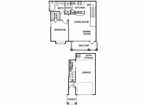 Floor plan for 1 bed, 1 bath, 785 sqft