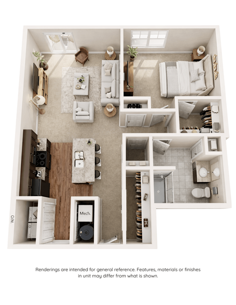 Floor plan for 1 bed, 1 bath, 805 sqft