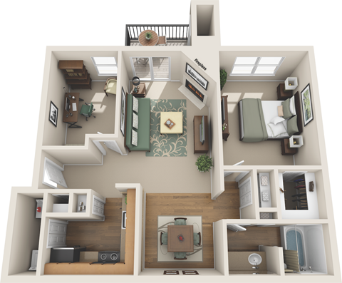 Floor plan for 1 bed, 1 bath, 844 sqft