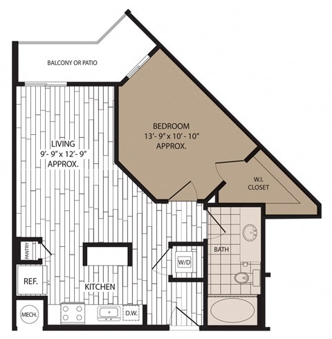 Floor plan for 1 bed, 1 bath, 656 sqft