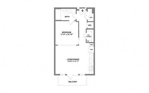 Floor plan for 1 bed, 1 bath, 600 sqft