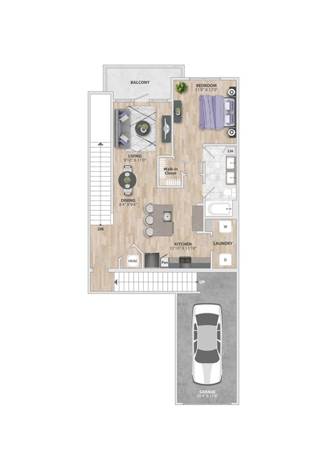 Floor plan for 1 bed, 1 bath, 954 sqft