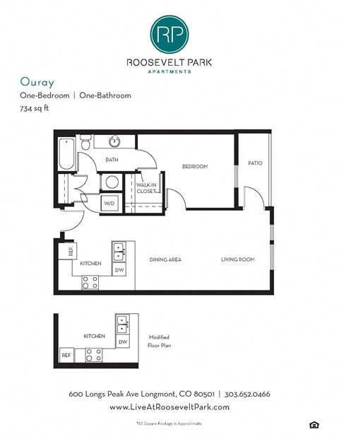 Floor plan for 1 bed, 1 bath, 734 sqft