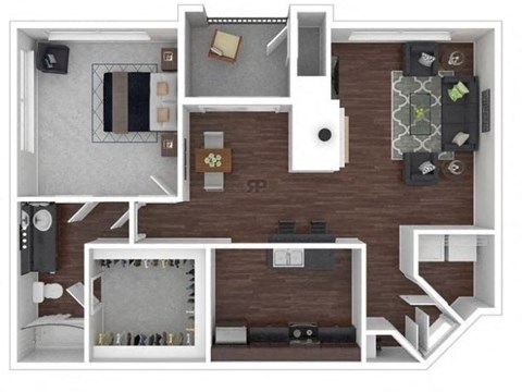 Floor plan for 1 bed, 1 bath, 833 sqft