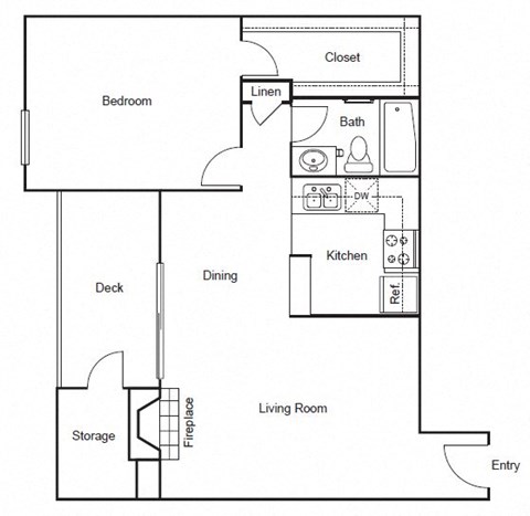 Floor plan for 1 bed, 1 bath, 741 sqft