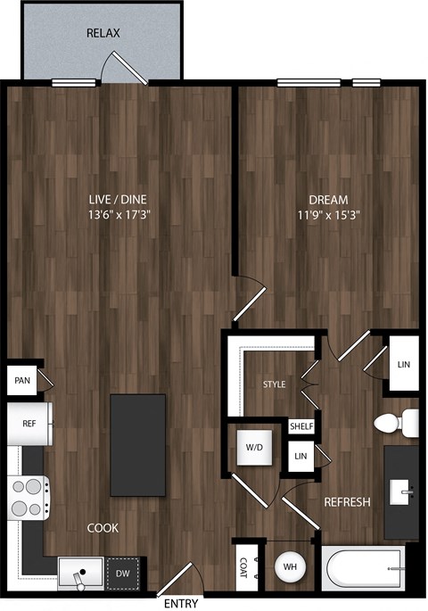 Floor plan for 1 bed, 1 bath, 741 sqft