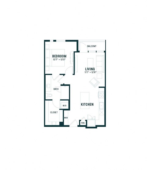 Floor plan for 1 bed, 1 bath, 690 sqft