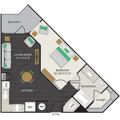 Floor plan for 1 bed, 1 bath, 654 sqft