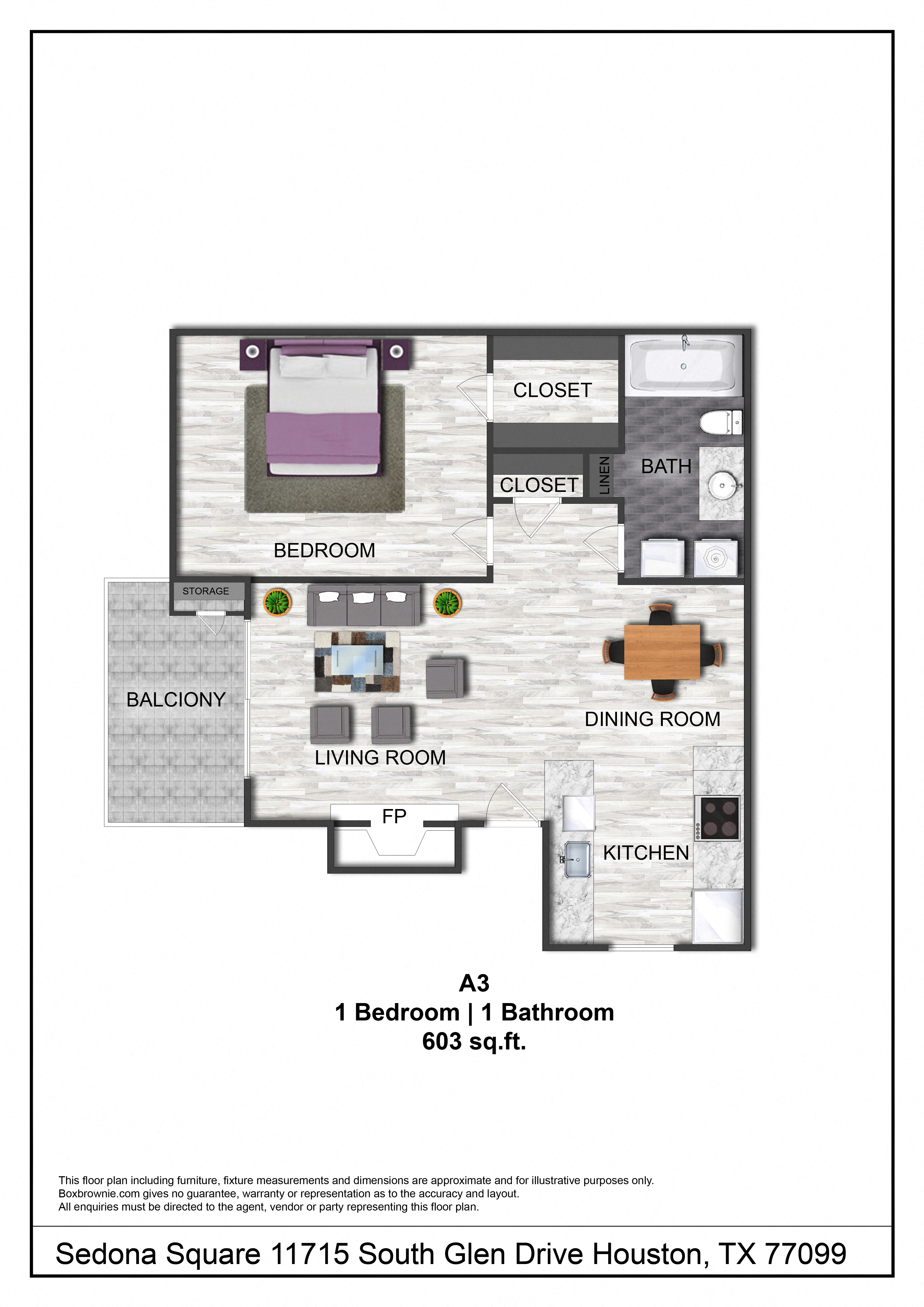 Floor plan for 1 bed, 1 bath, 603 sqft
