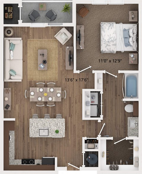 Floor plan for 1 bed, 1 bath, 788 sqft