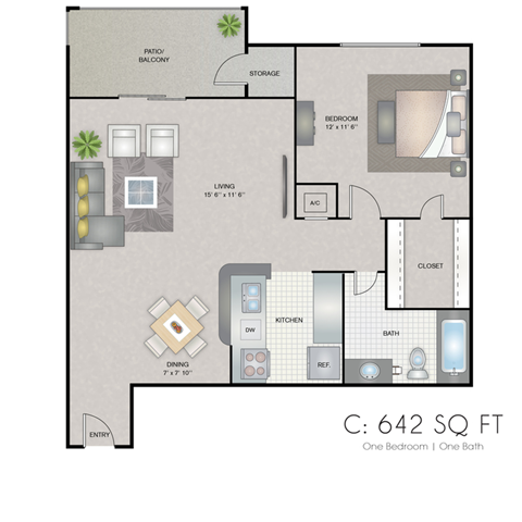 Floor plan for 1 bed, 1 bath, 642 sqft
