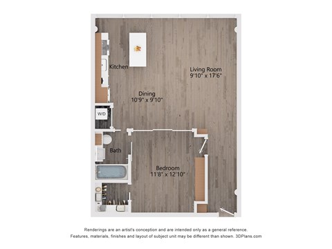 Floor plan for 1 bed, 1 bath, 929 sqft