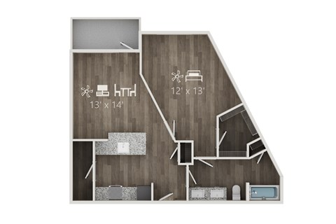 Floor plan for 1 bed, 1 bath, 807 sqft