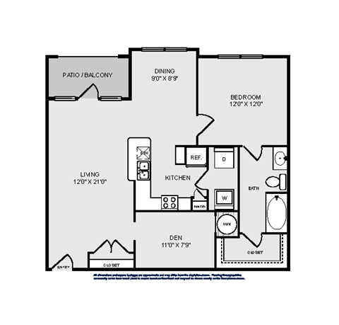 Floor plan for 1 bed, 1 bath, 983 sqft