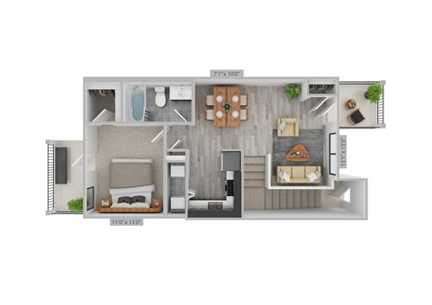 Floor plan for 1 bed, 1 bath, 712 sqft