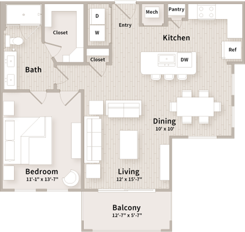 Floor plan for 1 bed, 1 bath, 810 sqft