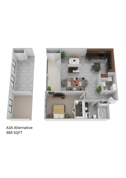Floor plan for 1 bed, 1 bath, 870 sqft