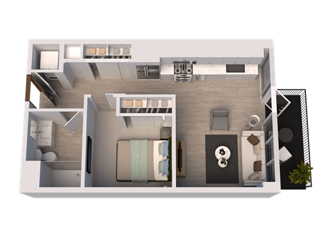 Floor plan for 1 bed, 1 bath, 589 sqft