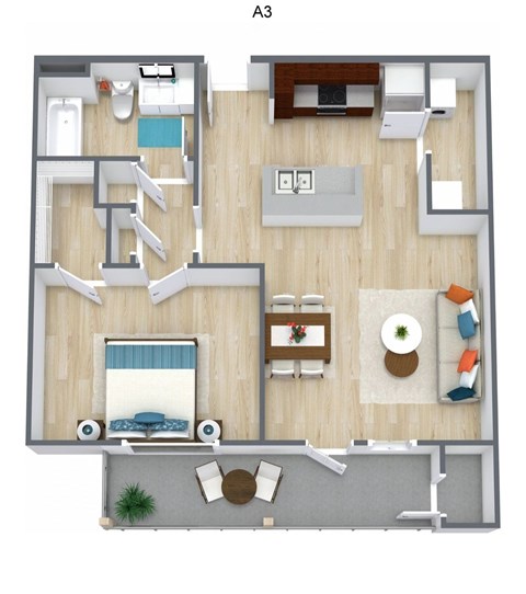 Floor plan for 1 bed, 1 bath, 725 sqft