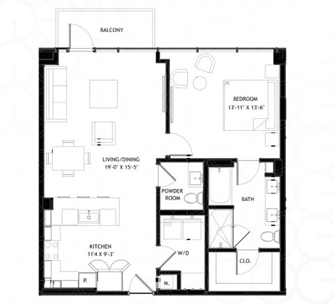 Floor plan for 1 bed, 1 bath, 939 sqft