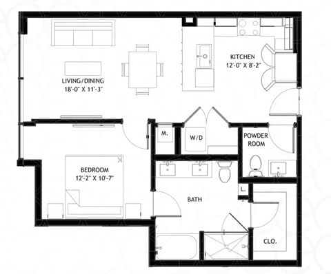 Floor plan for 1 bed, 1 bath, 772 sqft