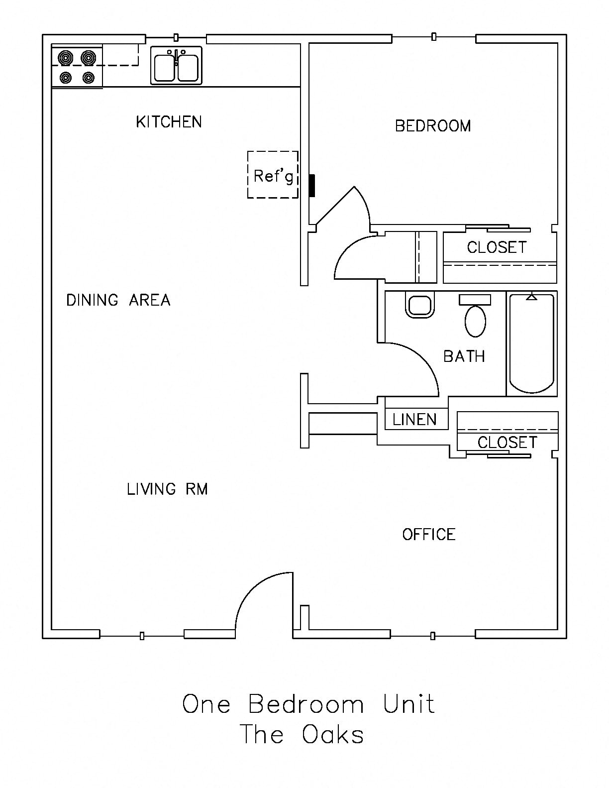 Floor plan for 1 bed, 1 bath, 673 sqft