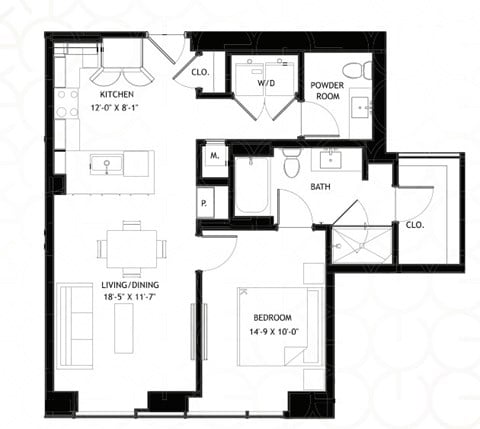 Floor plan for 1 bed, 1 bath, 841 sqft