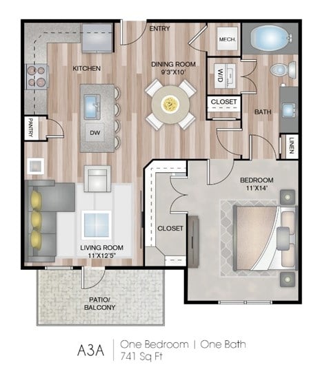 Floor plan for 1 bed, 1 bath, 796 sqft
