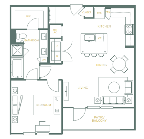 Floor plan for 1 bed, 1 bath, 906 sqft