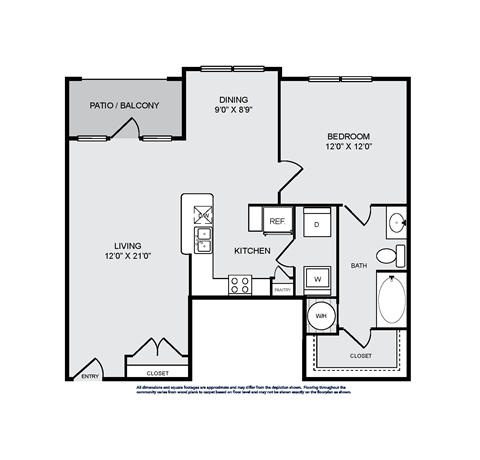 Floor plan for 1 bed, 1 bath, 867 sqft