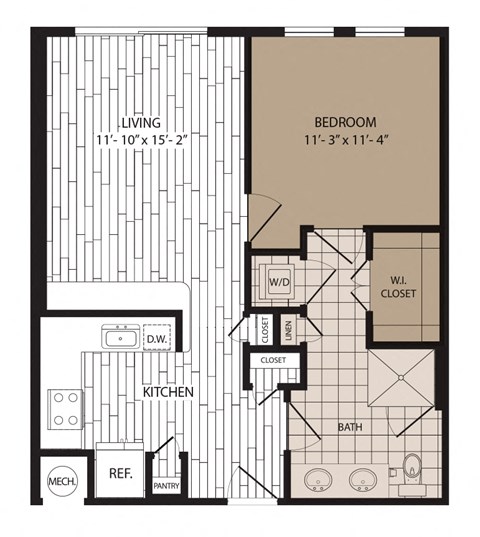 Floor plan for 1 bed, 1 bath, 724 sqft