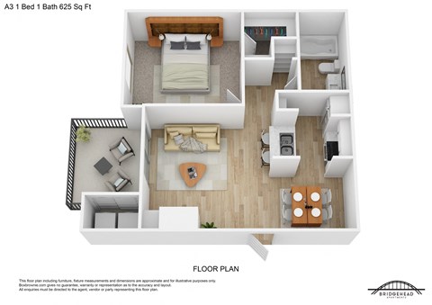 Floor plan for 1 bed, 1 bath, 625 sqft