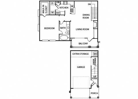 Floor plan for 1 bed, 1 bath, 896 sqft