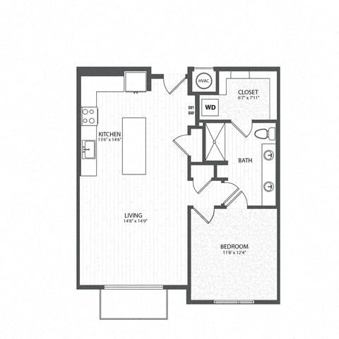 Floor plan for 1 bed, 1 bath, 847 sqft
