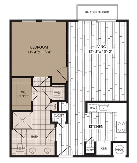 Floor plan for 1 bed, 1 bath, 724 sqft
