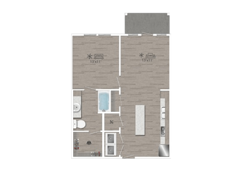 Floor plan for 1 bed, 1 bath, 725 sqft