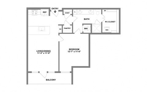 Floor plan for 1 bed, 1 bath, 700 sqft