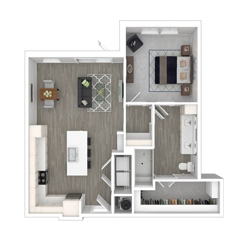 Floor plan for 1 bed, 1 bath, 848 sqft